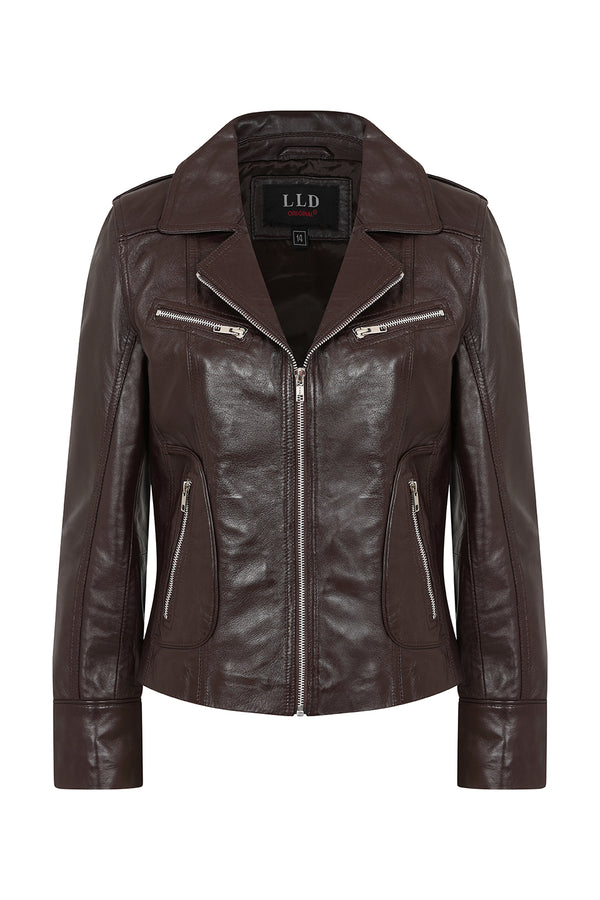 Brown soft nappa leather biker jacket for women by LLD Original, available in sizes 10, 12, 14, 16, and 18.